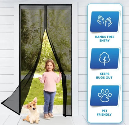 Magic Mesh Deluxe Hands-Free Magnetic Screen Door – Auto-Close Mesh Curtain, Keeps Bugs Out, Fits Single & Sliding Doors