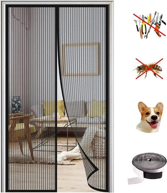 Magic Mesh Deluxe Hands-Free Magnetic Screen Door – Auto-Close Mesh Curtain, Keeps Bugs Out, Fits Single & Sliding Doors