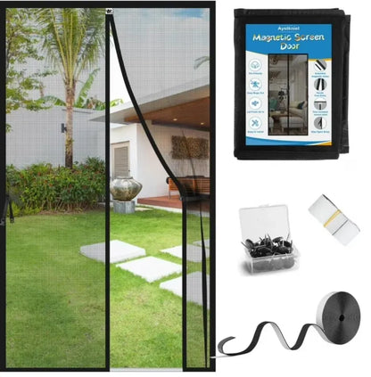 Magic Mesh Deluxe Hands-Free Magnetic Screen Door – Auto-Close Mesh Curtain, Keeps Bugs Out, Fits Single & Sliding Doors