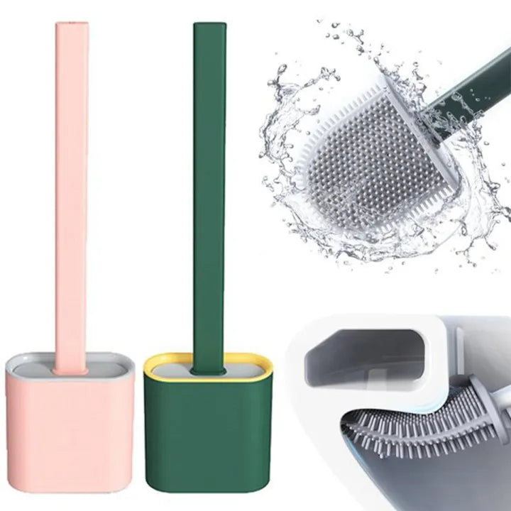 Silicone Toilet Brush & Holder Set – Non-Slip Handle, Flat Head for Corner Cleaning