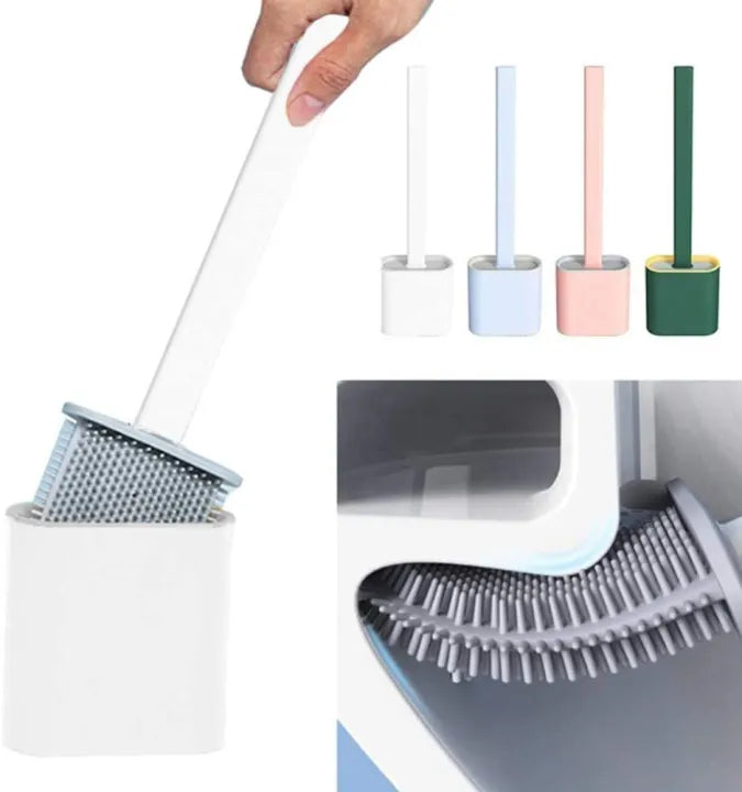 Silicone Toilet Brush & Holder Set – Non-Slip Handle, Flat Head for Corner Cleaning