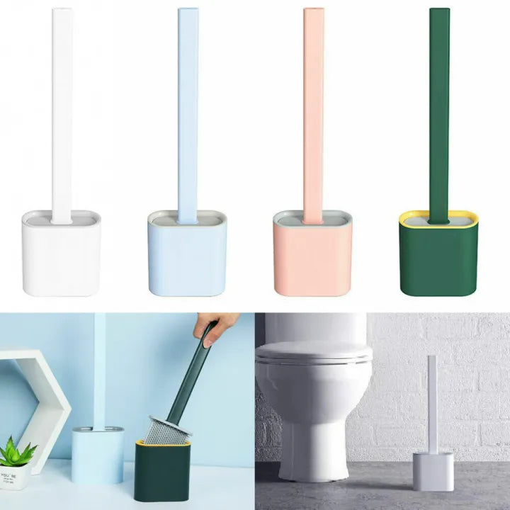 Silicone Toilet Brush & Holder Set – Non-Slip Handle, Flat Head for Corner Cleaning