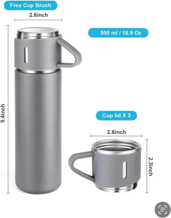 500ml Stainless Steel Thermos Bottle – Insulated Flask with 2 Cups for Tea & Coffee